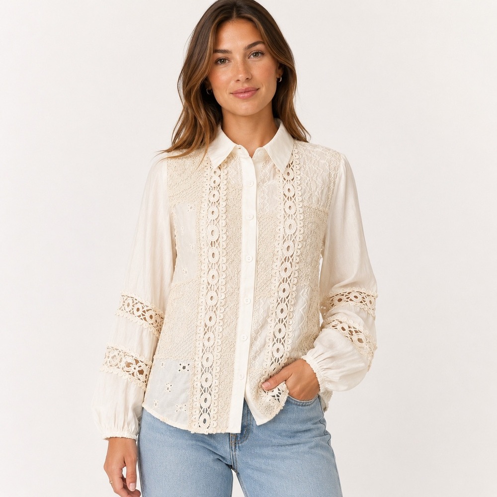 Fashion Apparel Blouse S/M Ivory Lace Patchwork Boho Eyelet Button Down Cottage
